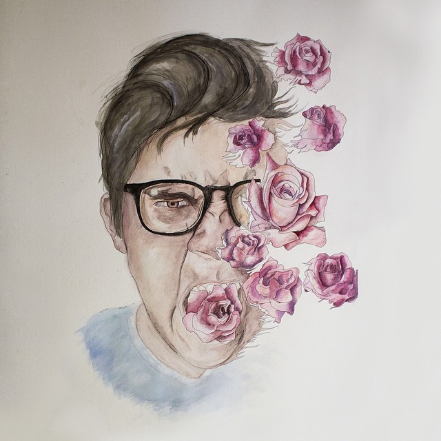 640x640 Surrealist Self Portrait, Watercolor, 22x30 Painting