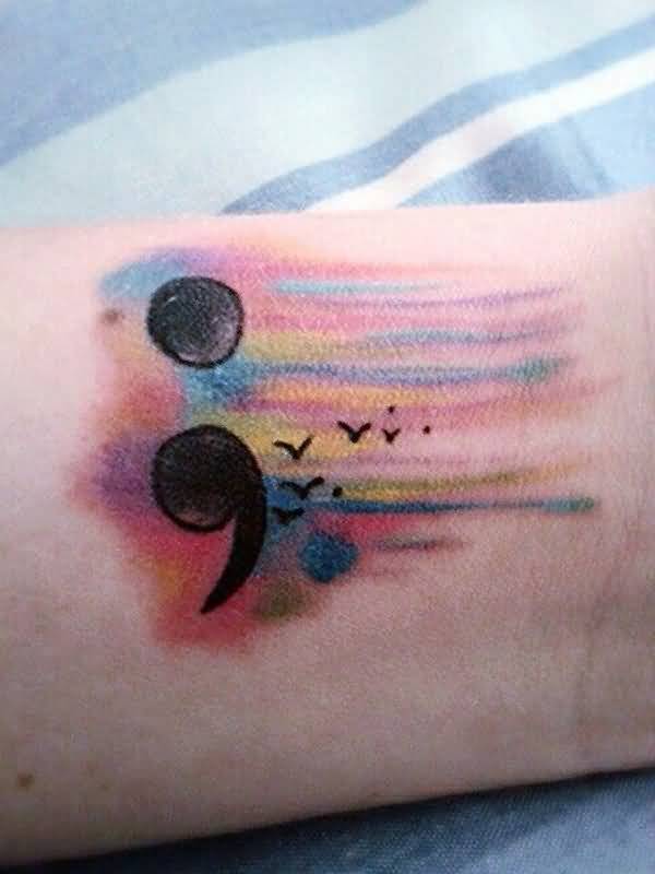 600x800 Watercolor Awesome Nice Semicolon Tattoo With Flying Black Birds