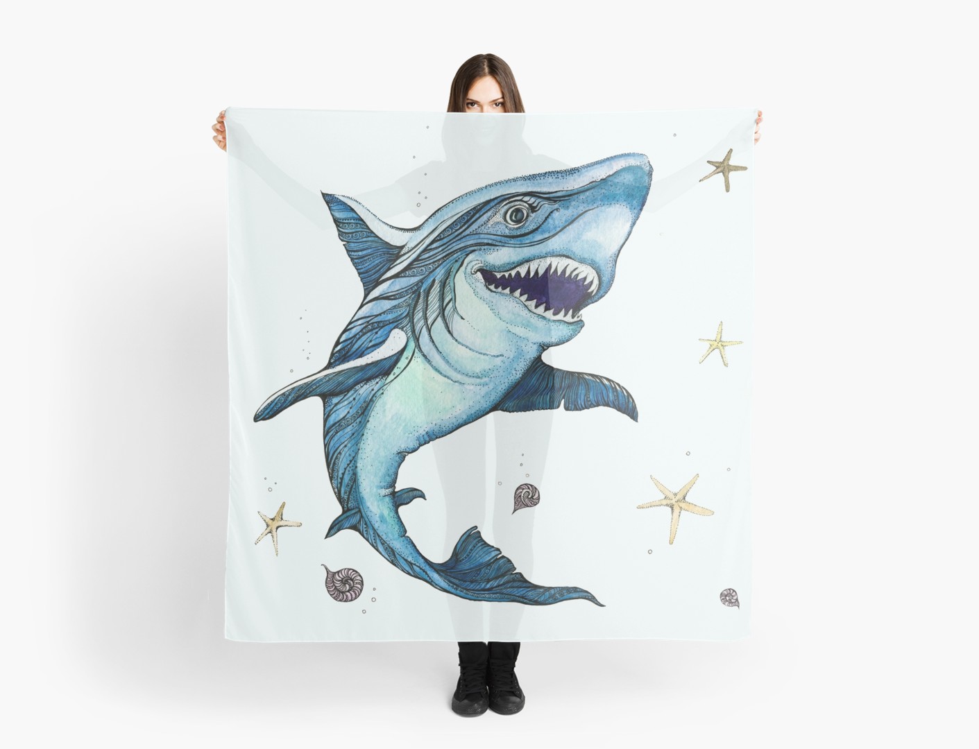 1411x1080 Hand Drawn Watercolor Shark Scarves By Kanvisstyle Redbubble