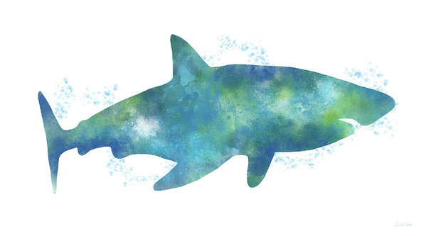 599x333 Blue Watercolor Shark Art By Linda Woods Poster By Linda Woods