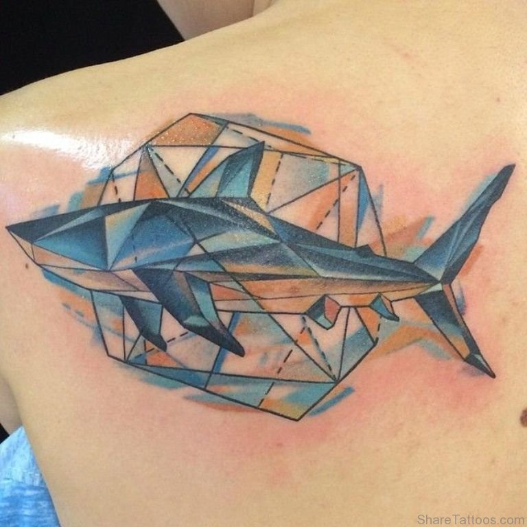 768x768 Watercolor Geometric Shark Tattoo On Left Back Shoulder