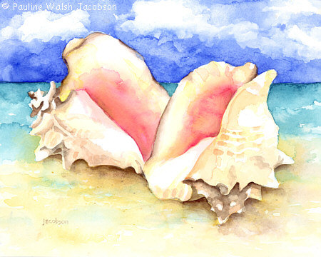 450x360 Watercolor Painting Conch Shells On Beach
