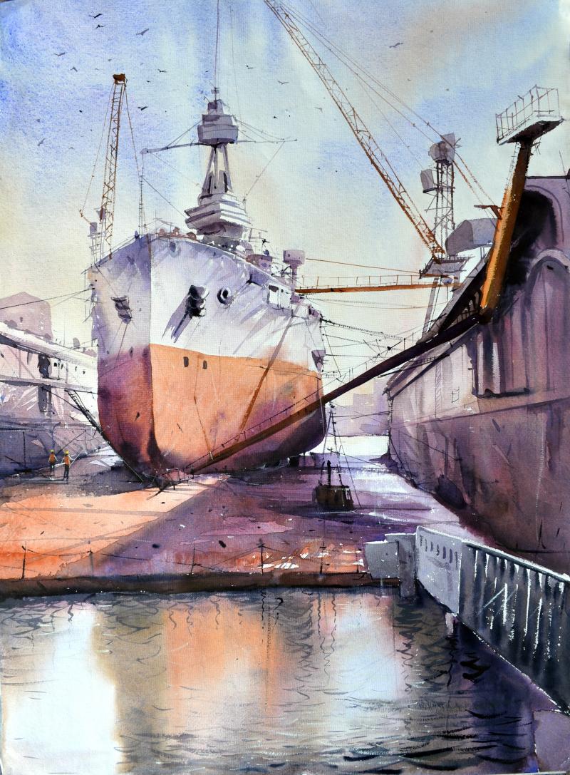 800x1087 Ship Yard By Artist Amit Kapoor Landscape Art Watercolor Paintings