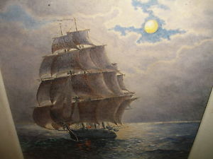 300x225 Antique Watercolor Sail Ship Boat Night Seascape Scene Painting