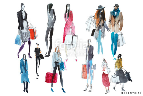500x334 Hand Drawn Watercolor People With Shopping Bags. Fashion, Sale