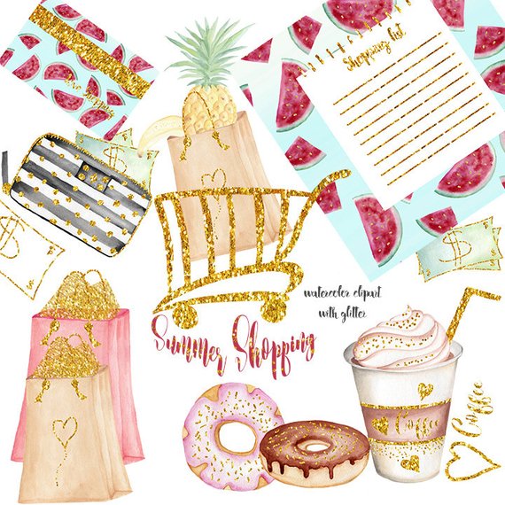 570x570 Watercolor Shopping Clip Art With Glitter. Summer Shopping Etsy