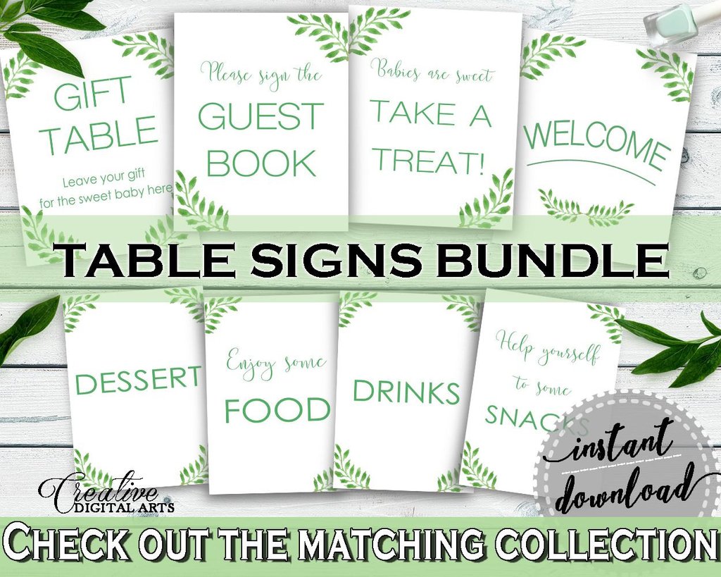 1024x819 Table Signs, Watercolor Leaves Baby Shower Gender Neutral Theme In