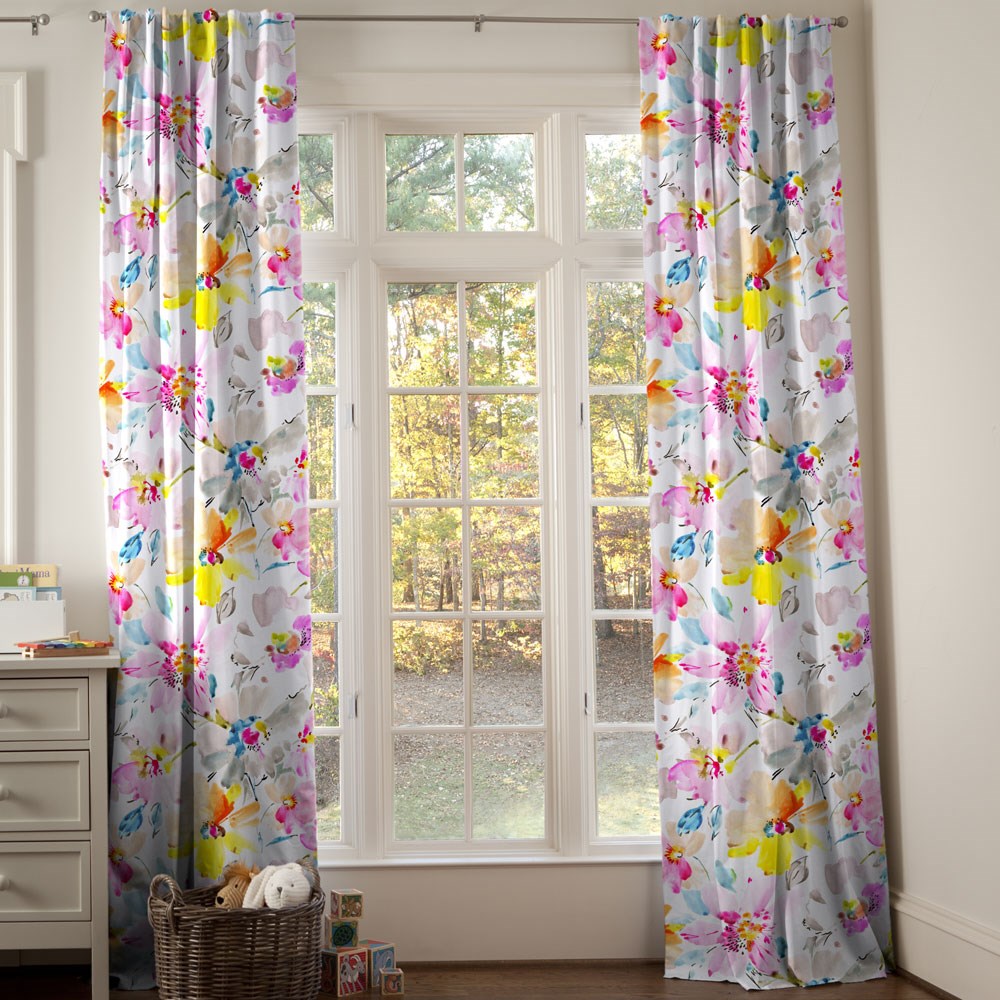 1000x1000 White Curtains With Grey Flowers, Watercolor Floral Silk Fabric