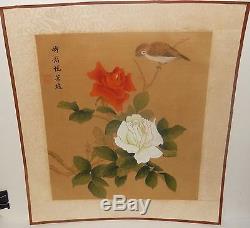 250x228 Japanese Brown Bird And Roses Watercolor On Silk Painting Signed