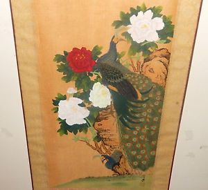 300x275 Old 19th Century Japanese Peacock Bird And Roses Watercolor Silk