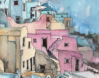 340x270 Watercolor Sketch Santorini Greece Architecture Etsy