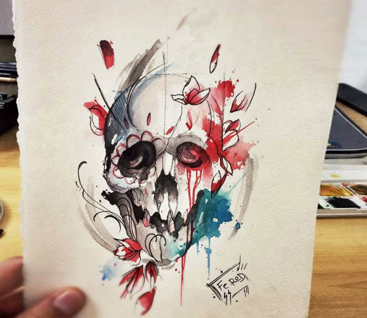 750x650 Watercolor Skull Tattoo By Felipe Rodrigues Post 15607