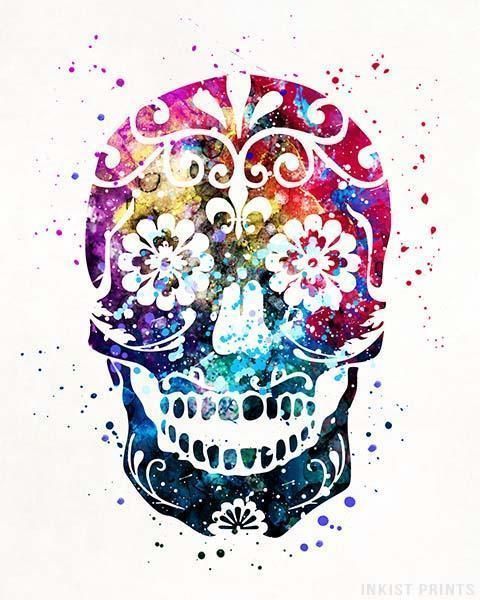 480x600 Sugar Skull Type 1 Print Dia De Muertos Watercolor