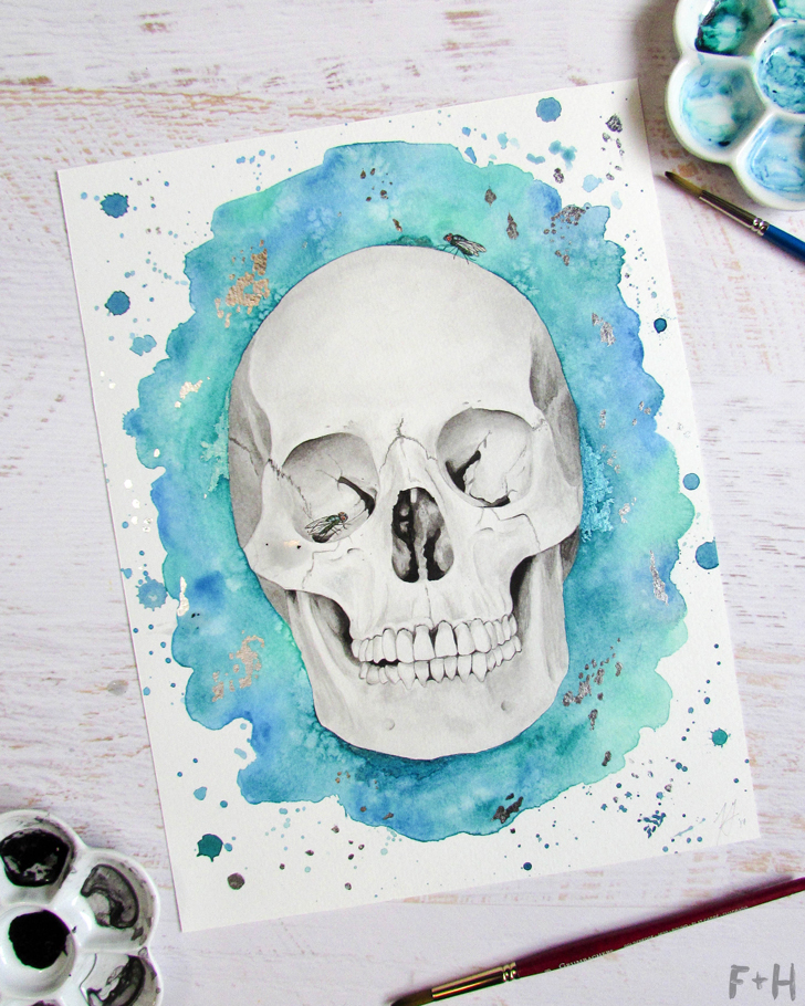 728x910 Gorgeous Watercolor Skull Painting On Turquoise
