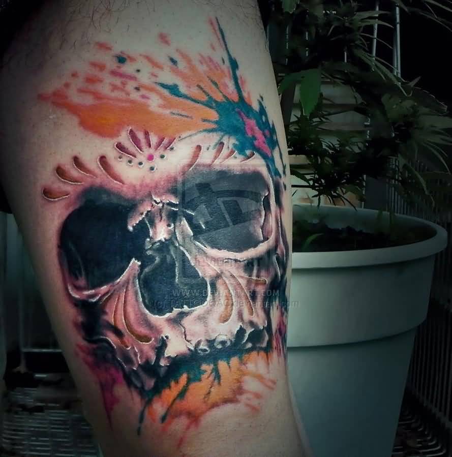 889x899 Watercolor Realistic Skull Tattoo