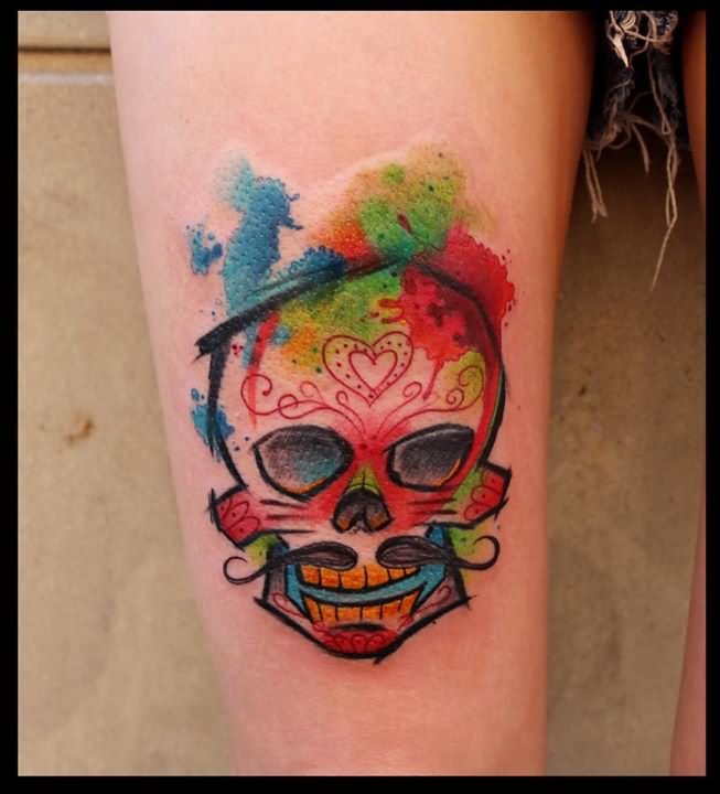653x720 Watercolor Skull Tattoo On Leg Sleeve