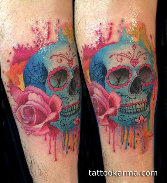 550x600 Watercolor Sugar Skull Tattoo