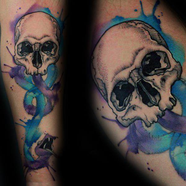 599x601 Angry Snake Watercolor Skull Tattoo