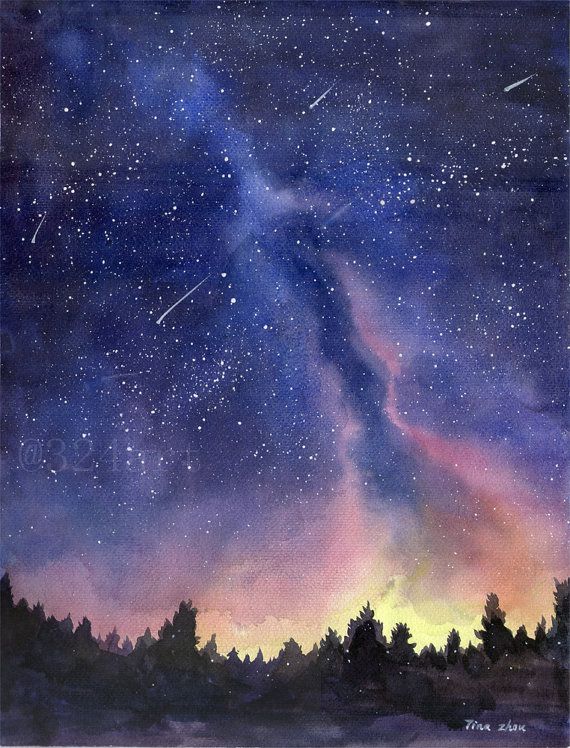 570x748 Watercolor Painting Print, Starry Sky Print, Starry Night Painting