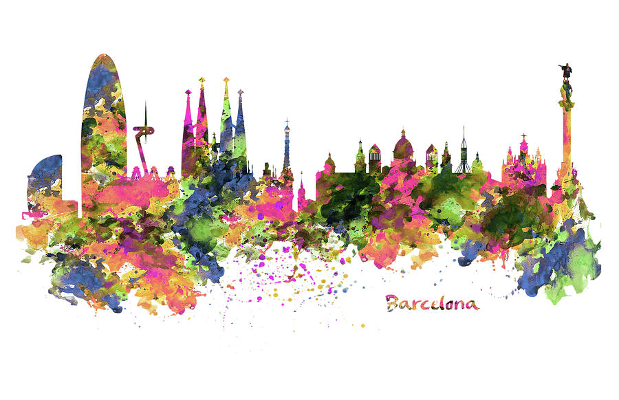 900x582 Barcelona Watercolor Skyline Painting By Marian Voicu