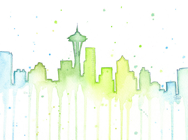 800x596 Seattle Skyline Watercolor Olechka Design