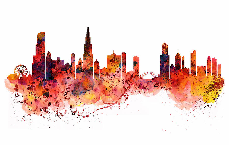 900x582 Chicago Watercolor Skyline Painting By Marian Voicu