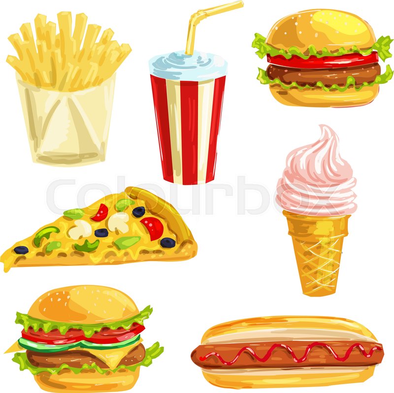 800x798 Fast Food Lunch Meal With Dessert Hand Drawn Watercolor Set