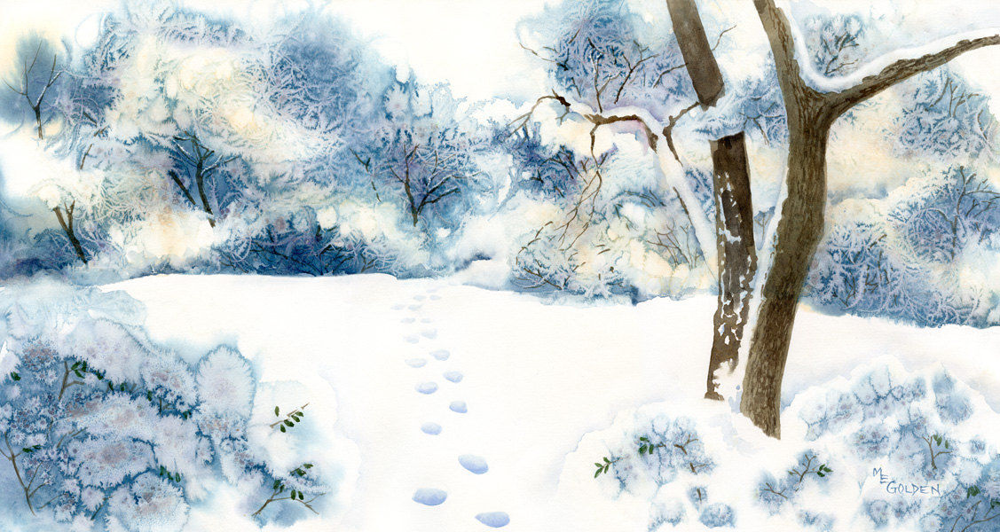 1127x600 January Snow Giclee Print With Footprints In The Snow
