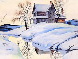 300x225 Watercolor Painting Winter Landscape Signed C R Smith Snow Cabin