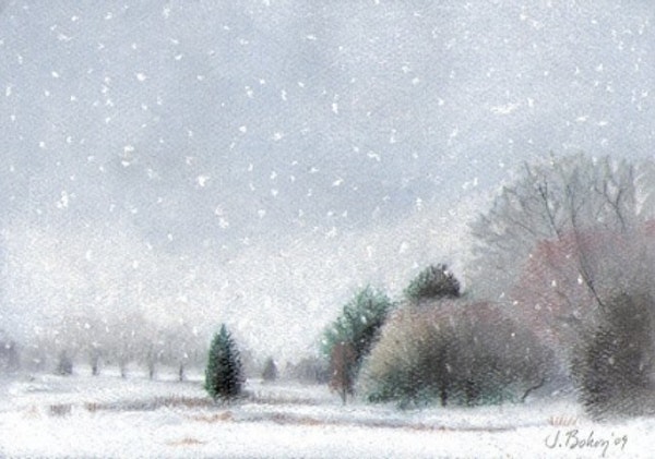 600x421 Still Snowing In Ne Pastel Painting Landscape Snow Scene Trees