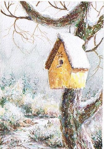 336x480 Bird House Snow Scene