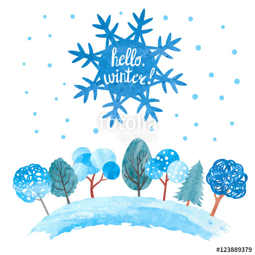 500x500 Hello Winter Vector Illustration. Watercolor Snowflake And Trees