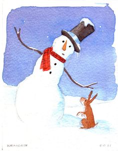 236x303 Snowman Viequense Miniature Original Watercolor By Janemayjones