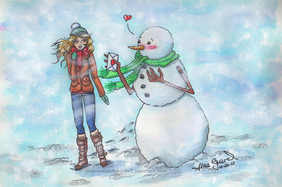 900x598 Watercolor Snowman Love By Odiefarber