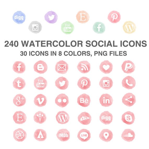 570x570 240 Watercolor Social Media Icons Set Of 30 X 8 Colors Pink Etsy
