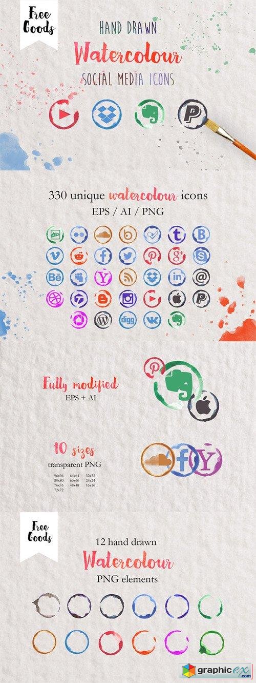 500x1331 330 Watercolor Social Media Icons Free Download Vector Stock