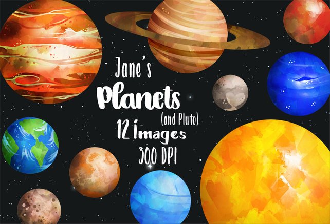642x437 Watercolor Planets Clipart Solar System Download Instant Etsy