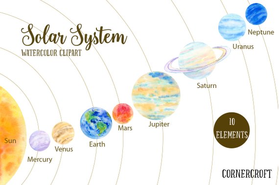 570x379 Watercolor Clipart Solar System Sun Mercury Venus Earth Etsy