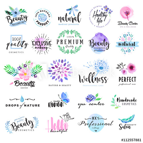 500x500 Set Of Hand Drawn Watercolor Labels And Badges For Beauty, Healthy