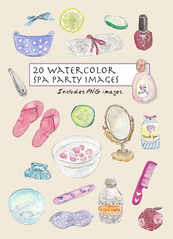 570x787 Clip Art Watercolor Spa Amp Sleepover Party Set. 20 Images. Digital