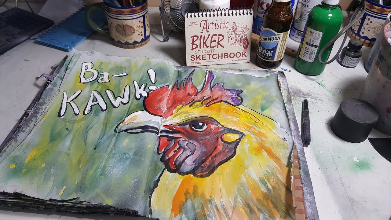 1280x720 Rooster Mixed Media Art Journal Spray Paint, Acrylic, Ink, And