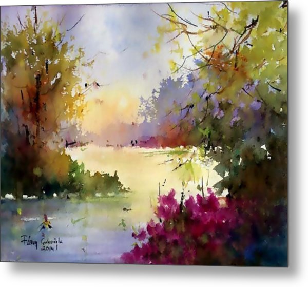 600x559 Original Watercolor Spring Lake Trees Painting By Fusun Cakiroglu