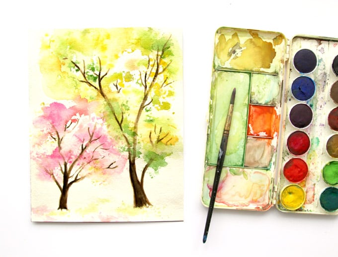680x516 Spring Trees Watercolor Painting With... Crumbled Paper!