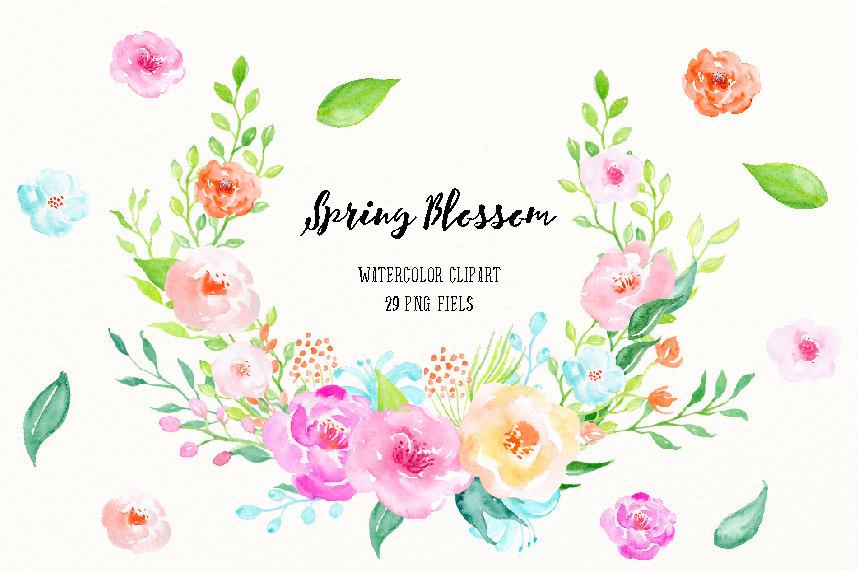 858x571 Watercolor Clipart Spring Blossom, Spring Flowers Pink Blue Yellow
