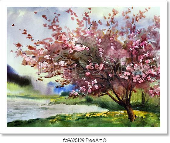 560x470 Free Art Print Of Watercolor Painting Landscape With Blooming