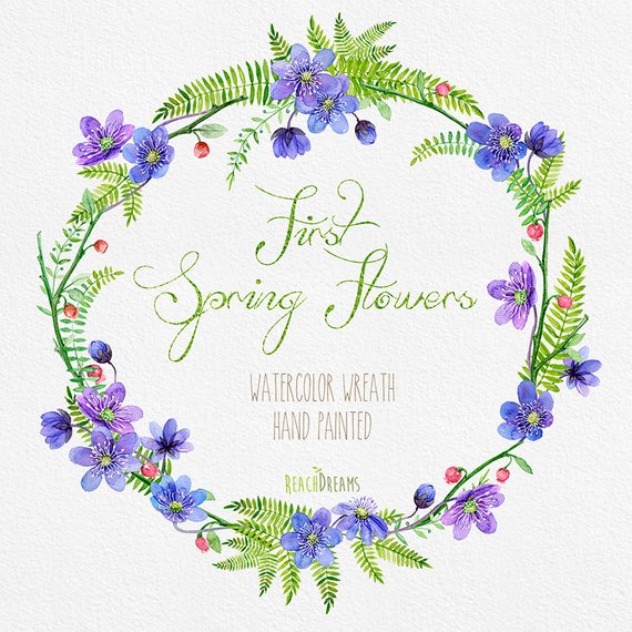 570x570 Watercolor Flower Wreath With First Spring Flowers. Individual Etsy