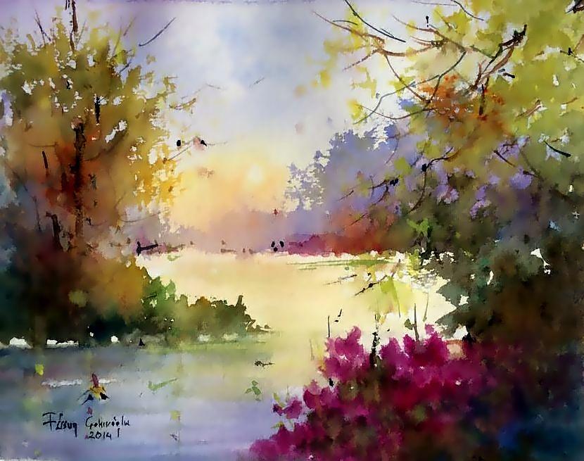 830x655 Original Watercolor Spring Lake Trees Painting By Fusun Cakiroglu