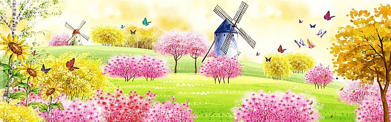 800x250 Spring Landscape Watercolor, Colorful, Butterfly, Windmill