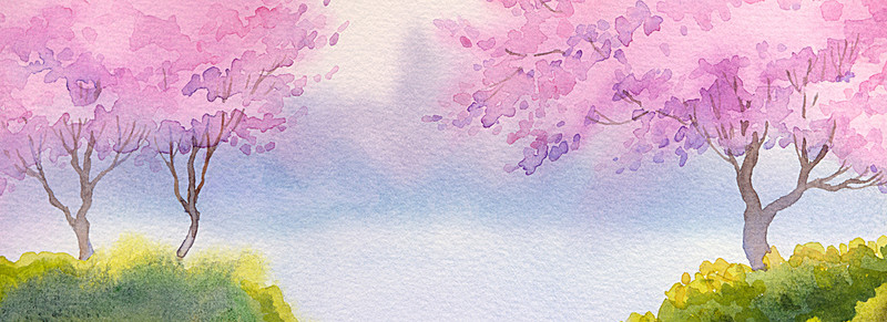 800x291 Spring Landscape Watercolor, Landscape Illustration, Flowers And