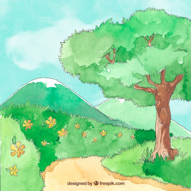 626x626 Watercolor Spring Landscape With Tree And Mountain Vector Free